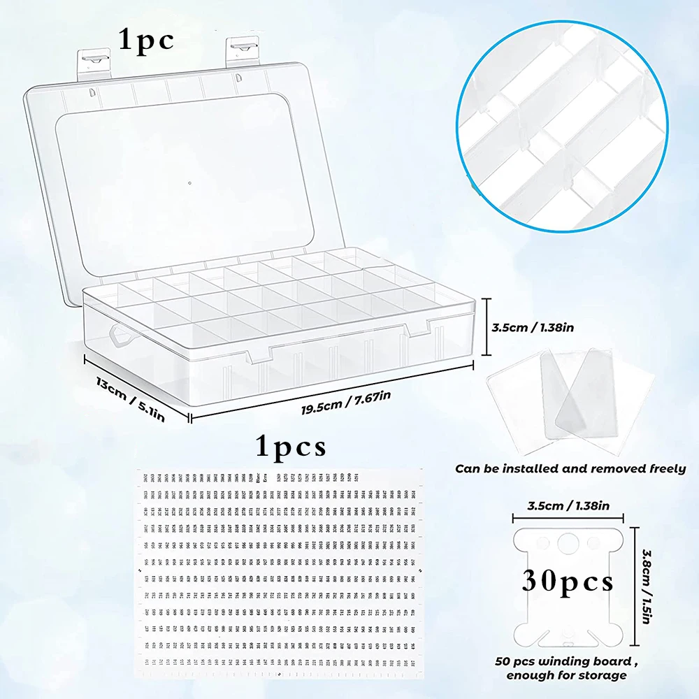 Embroidery Floss Organizer Box Set with 24 Girds Cross Stitch Organizer Box & Floss Bobbins & Floss Number Stickers DIY