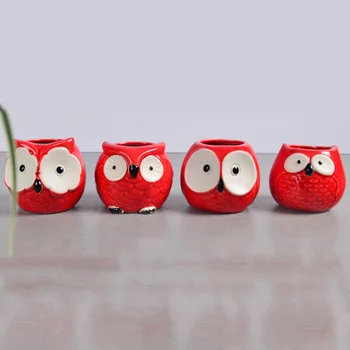 

4 Pcs Owl Pots Animal Artware Small Ceramic Flowerpots Mini Planter Decorations for House Office ( Red )