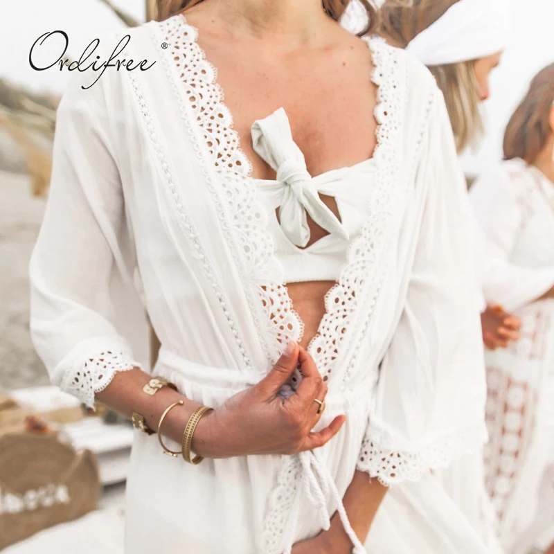 Ordifree/лето ; Boho; женское шифоновое длинное платье; закрытый кардиган; сексуальное прозрачное белое кружевное Макси пляжное платье