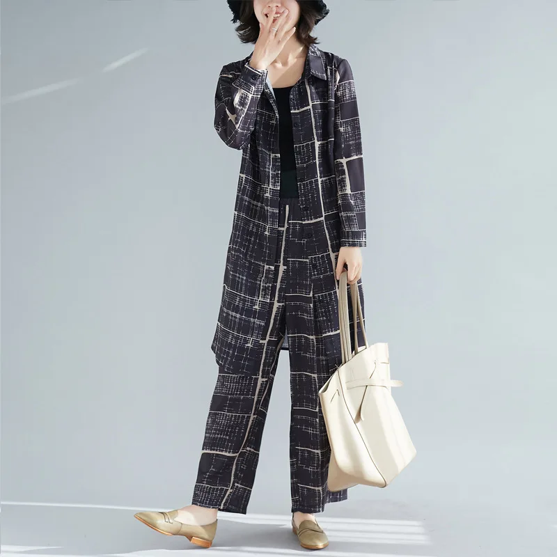 

2019 Autumn New Style Large Size Printed Set Casual Loose-Fit Plaid Tops Loose Pants Flax Two-Piece Women's