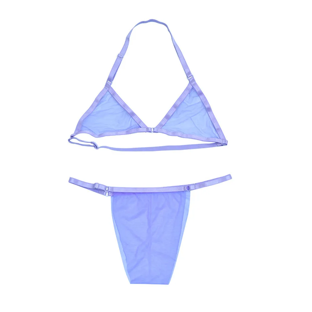 Shiny Sexy Bra Sheer See Through Sleepwear Night Bra Adjustable Straps Halter Unlined Wireless Brassiere Bikini Set Candy Color