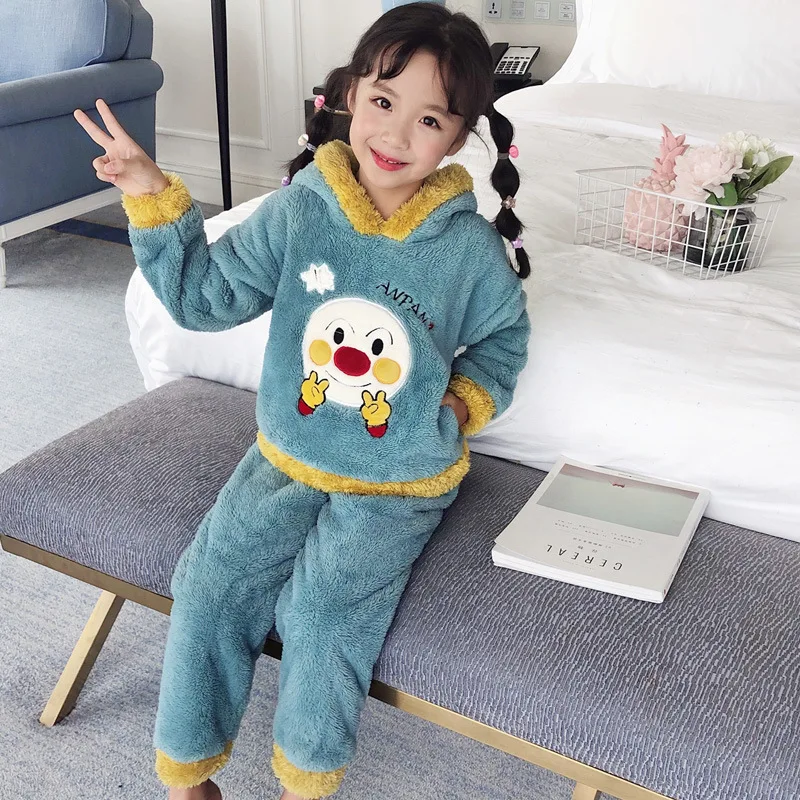 

Girls' Pajama Hooded Long Velvet Winter Big Kid Thick Autumn And Winter Homewear Set Children Coral Velvet Pajamas