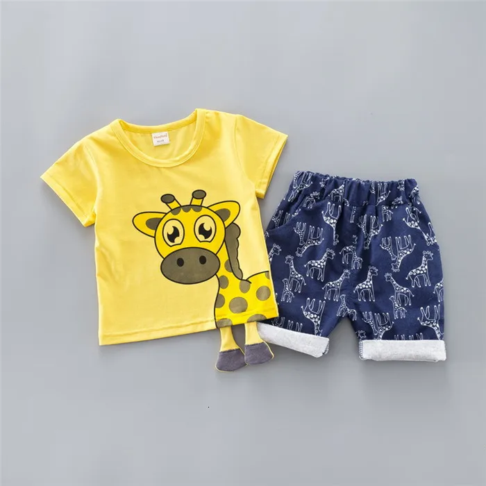 Комплекты одежды для мальчиков, Детский костюм, новые летние костюмы для мальчиков, летний детский костюм из хлопка с круглым вырезом и рисунком жирафа, детские костюмы из двух предметов