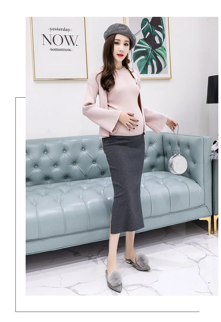 Afei Tony Spring Autumn Fashion Maternity High Waist Belly Skirts Knitted Stretch Skirts Bottom for Pregnant Women