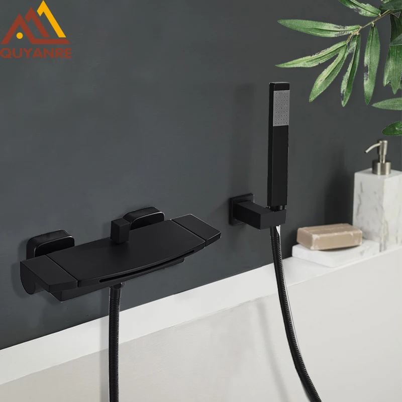 

Quyanre Black Waterfall Bathtub Shower Faucets Wall Mount Shower Mixer Tap Faucets Hot Cold Bath Shower Tap BaRobinet Baignoire
