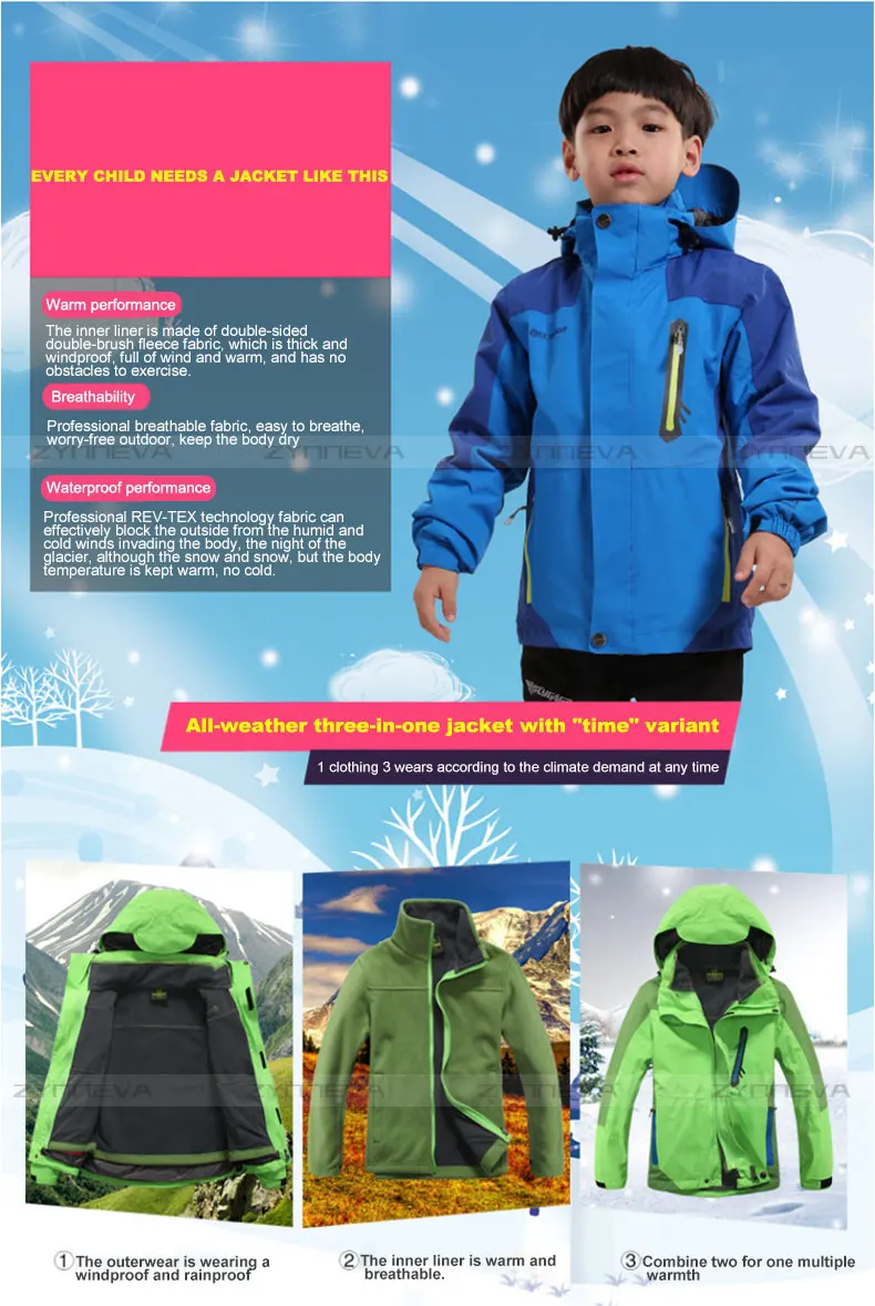 ZYNNEVA/комплект из двух предметов, 3 в 1, Детские походные куртки зимние теплые флисовые костюмы для мальчиков и девочек детская одежда для спорта на открытом воздухе GD1102