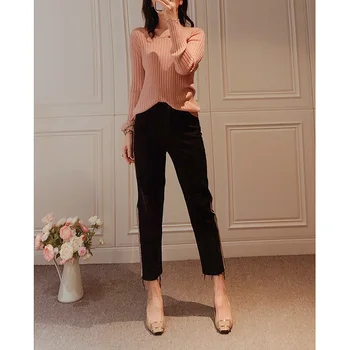 

2020 Spring Women's Black Stretch Jeans Hot Silver Trim Soft Pants Zipper Denim Trousers
