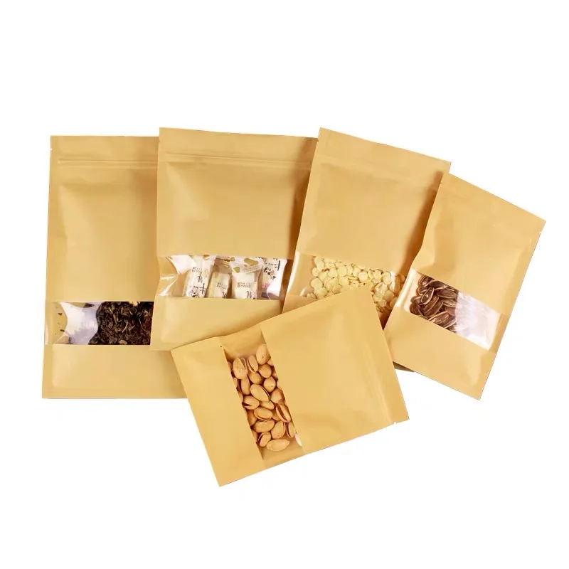 

100pcs Smell Proof Pu'er Tea Kraft Packaging Bags Resealable Ziplock Pouches Eco-friendly Plastic Storage Bags With Clear WinBag