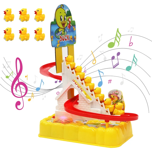 New Track Toy Climb Stairs Children Kids Classic Cartoon Ducks Roller Coaster Toy Set Electric Music Light Birthday Gift C