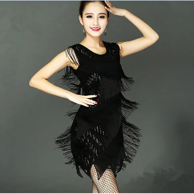 Women Latin Dance Tassel Dress Costume Crew Neck Sleeveless