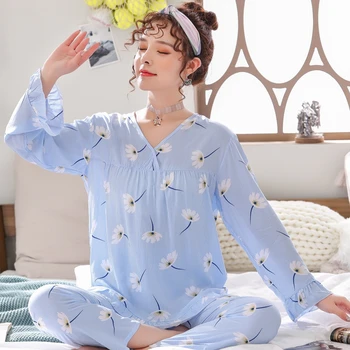 

Plus size suit long-sleeved pajamas ladies cotton cute home service spring and autumn summer thin loose pajamas пижама