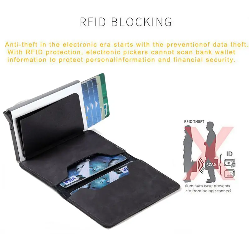 Мужской кошелек RFID блокирующий винтажный автоматический кожаный держатель для кредитных карт Алюминиевый металлический бизнес ID многофункциональный бумажник для карт