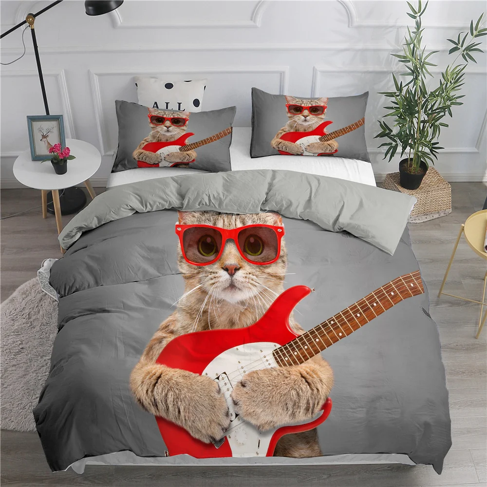 Cool Cats 3d Bedding Set King Size Guitar Duvet Cover and Pillowcase Home Textiles Fashion Kids Adults Unisex Bedroom Decor | Дом и сад
