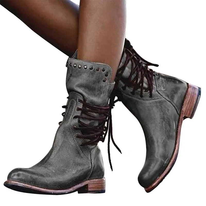 SHUJIN/Новая Женская обувь в стиле ретро зимние сапоги из искусственной кожи женские Модные Винтажные сапоги до середины икры на молнии, с круглым носком, на шнуровке, с заклепками, 43 - Цвет: gray