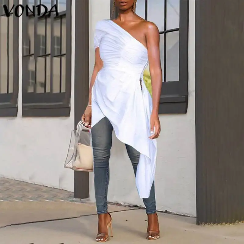 VONDA Asymmetrical Tunic Women Sexy Off Shoulder Tops 2019 Summer Party Shirts Casual Loose Side Zip Blouse Plus Size Blusas - 4.00035E+12