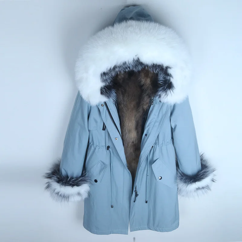5 smoky blue coat Женская длинная уличная парка с подкладкой из натурального меха енота зимняя куртка с воротником из натурального Лисьего меха Толстая теплая верхняя одежда пальто из натурального меха - Цвет: 5 smoky blue coat