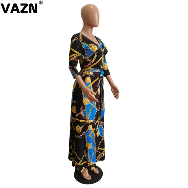 VAZN GYM18349 шикарный продукт летнее Сексуальное Женское 4 цвета длинное платье с коротким рукавом v-образным вырезом платье с принтом специальное платье в пол