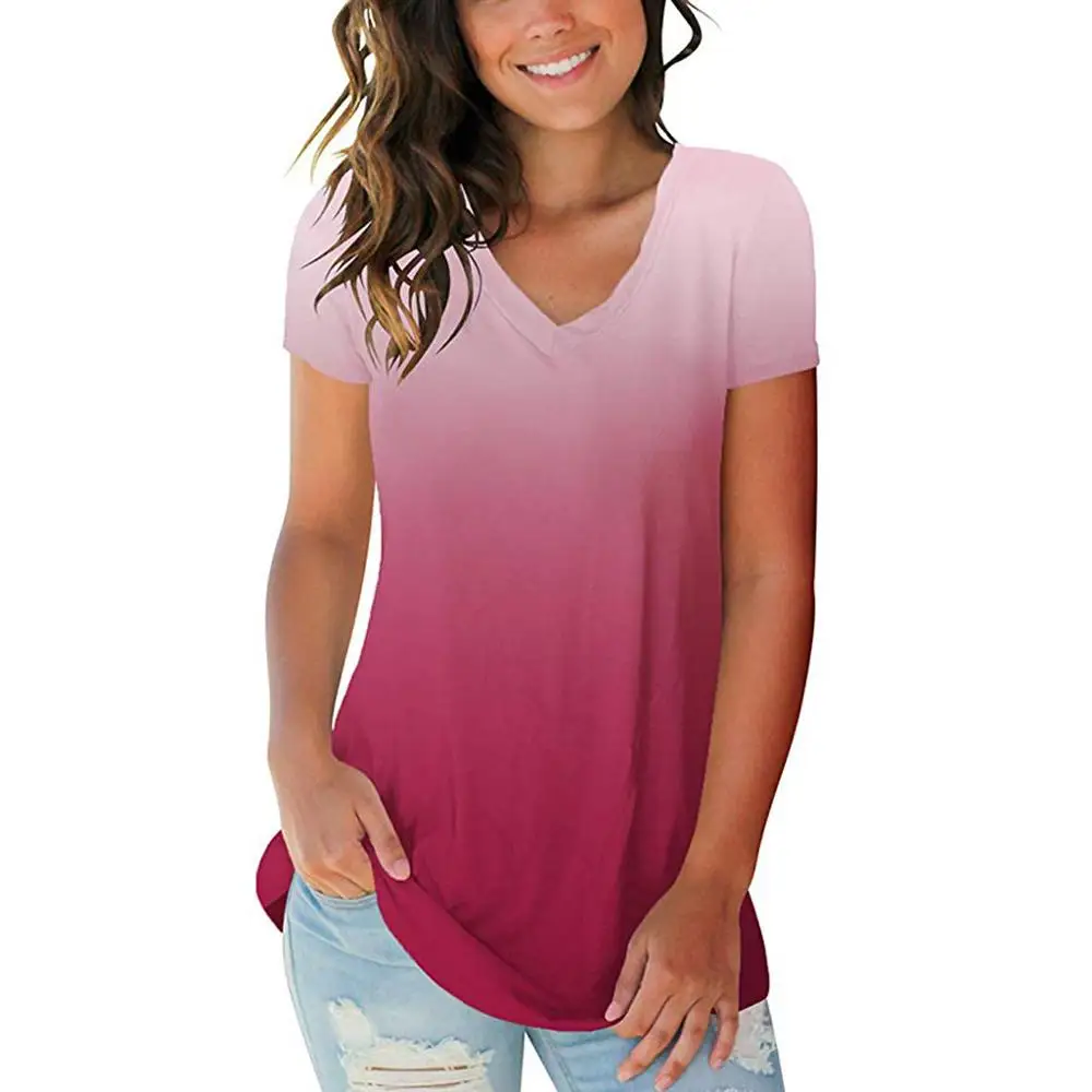 

Womens Fashion Plus Size Gradient Color V-Neck Short Sleeve T-shirt Tops