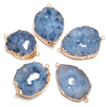 

Natural Druzy Agates Pendant Connectors Irregular Gold Plated Double Hole Connectors for DIY Jewelry Making