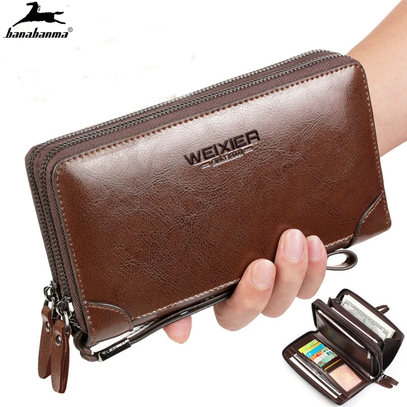 

wallets for men made of natural Wax oil skin Top dual zipper multiple Compartment passport cover clutch bag male phone wallet