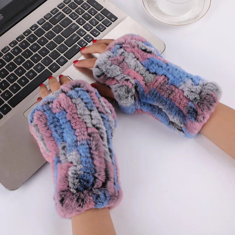 Multi-Color 2 Женские настоящий мех кролика вязаные перчатки женские зимние теплые митенки без пальцев пушистые мягкие - Цвет: Multi-Color 2