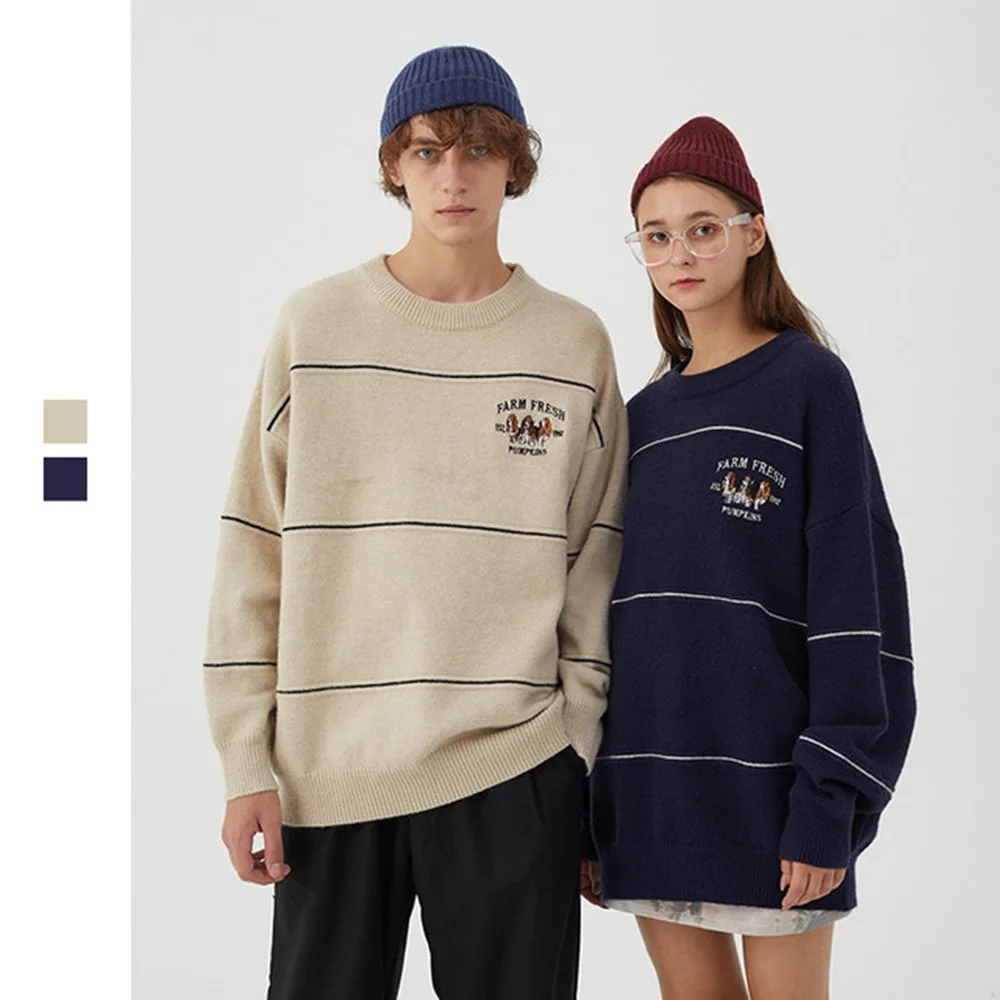 

Fresh Small New Embroidered Stripe Basic Casual Regular Female Women Long Sleeve All Match College Wind Hit Sweaters
