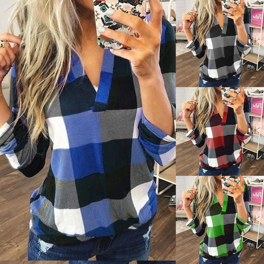 Puimentiua Fashion Brand Ladies Plaid Shirt Winter Warm Roll Up Blouse Femme V Neck Loose Blusa Lattice Print Style Tops