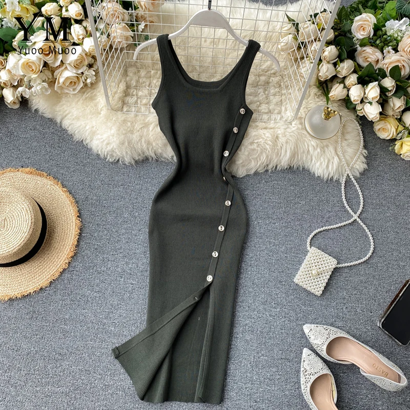 YuooMuoo Women Buttons Design Split Bodycon Dress 2020 Ins Fashion Summer Knitted Knee-length Tank Ladies Office | Женская одежда