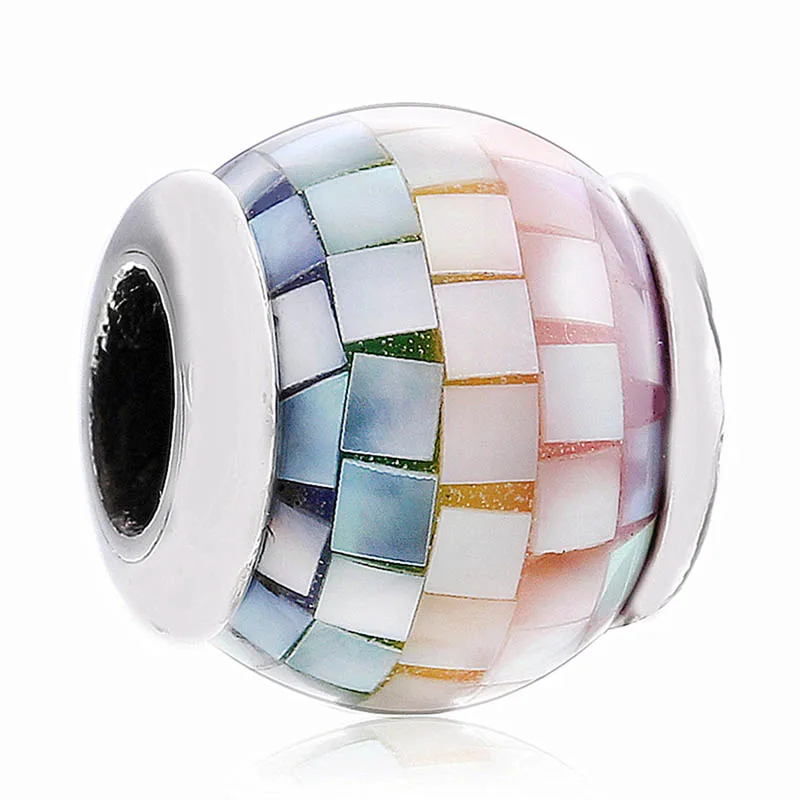 

New 925 Sterling Silver Bead Charm Rainbow Mosaic With Multicolor Mother Of Pearl Crystal Beads Fit Pandora Bracelet Diy Jewelry