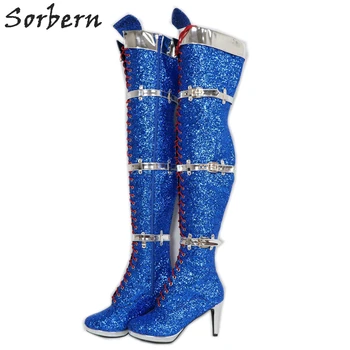 

Sorbern Blue Glitter Mid Thigh High Boots For Corssdresser Performance High Heel Platform Kinky Boot Custom Wide Drag Queen Shoe