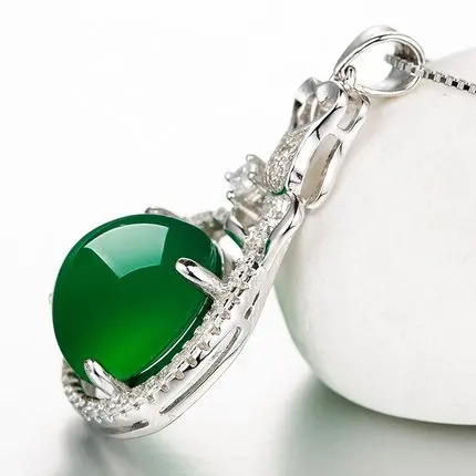Silver inlaid natural chalcedony pendant spinach green egg noodles Necklace Necklace Charm
