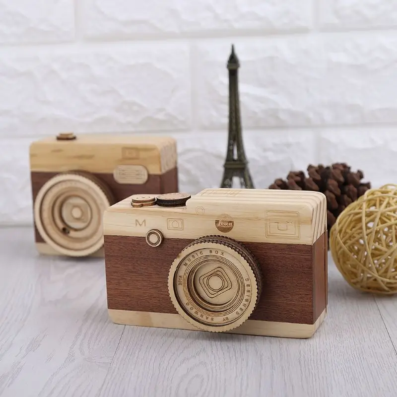 

Wooden Music Box Retro Camera Design Classical Melody Birthday Home Decoration DXAF
