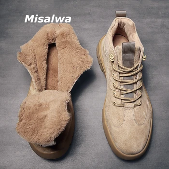 

Misalwa Winter Heat Preservation Keep Warm Men Work Boots Pigskin Leather Ankle Casual Boots Male Winter Shoes Sand Color