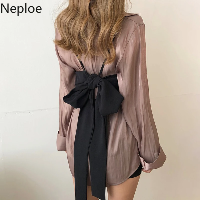 

Neploe Korean Vintage Women Blouse Sets Medium-long Shirt Blusas + Bou Bandage Sling Tank Tops 2020 Spring Fashion Suits 57981