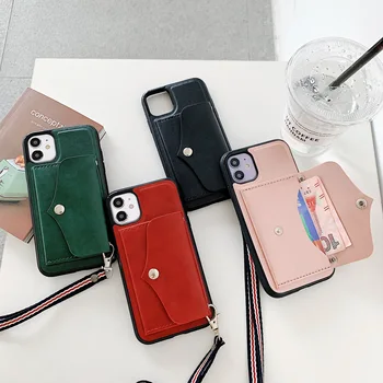 

Solid color Wallet Leather Phone Case for iPhone 11 Pro Max Xs Max XR X 7 8 Plus Luxury card slot with Neck rope Back Cover Case