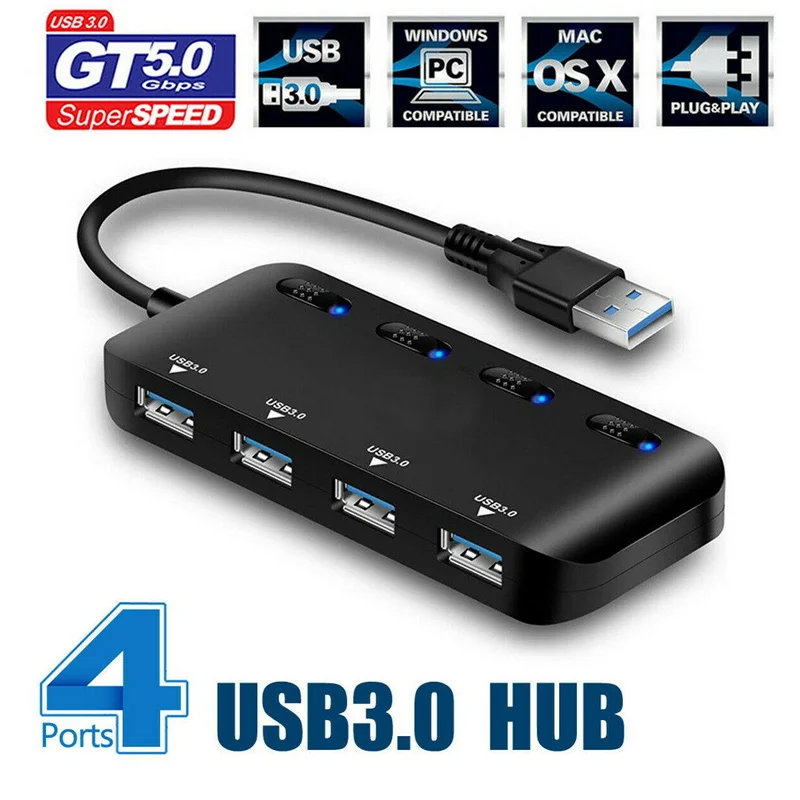 Прямая поставка USB 3,0 концентратор сплиттер удлинитель 4 порта USB концентратор данных с индивидуальный переключатель светодиодный свет S888