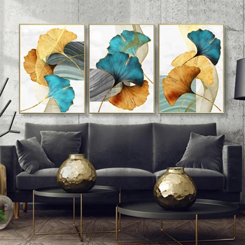 3 paneles de hojas verdes doradas, impresiones artísticas de pared nórdica, Cuadros Decorativos, pósteres e impresiones, Cuadros de decoración para el hogar