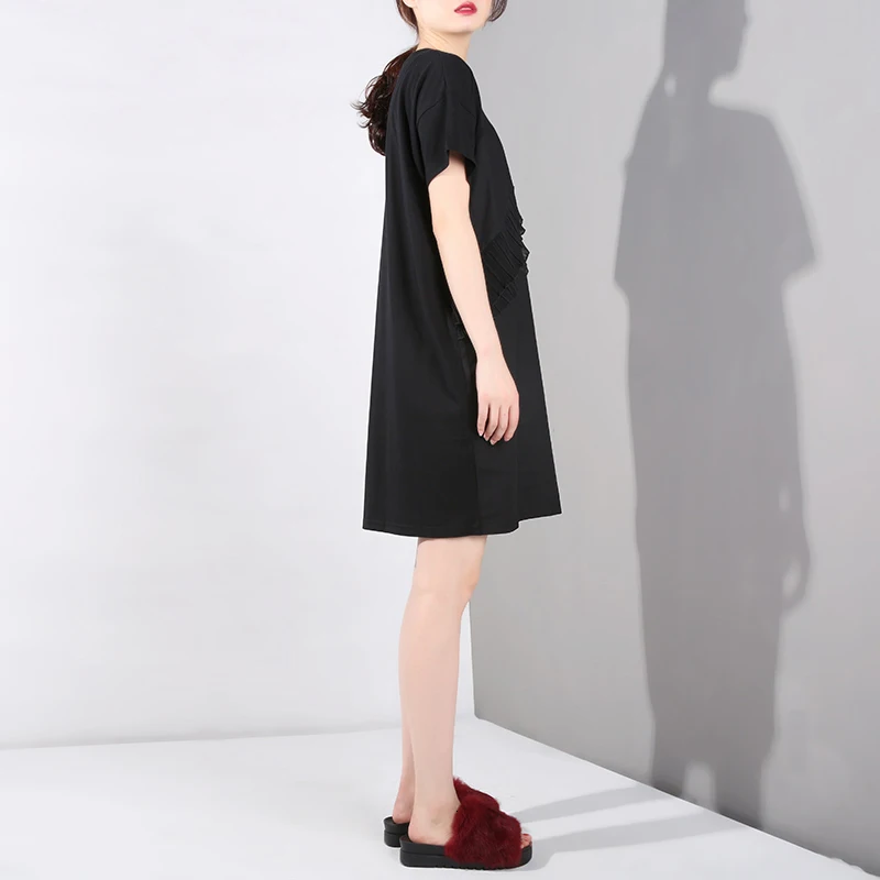 [EAM] Новое весенне-летнее платье с круглым вырезом и коротким рукавом популярного цвета, плиссированное платье с разрезом большого размера, женское модное платье JU748