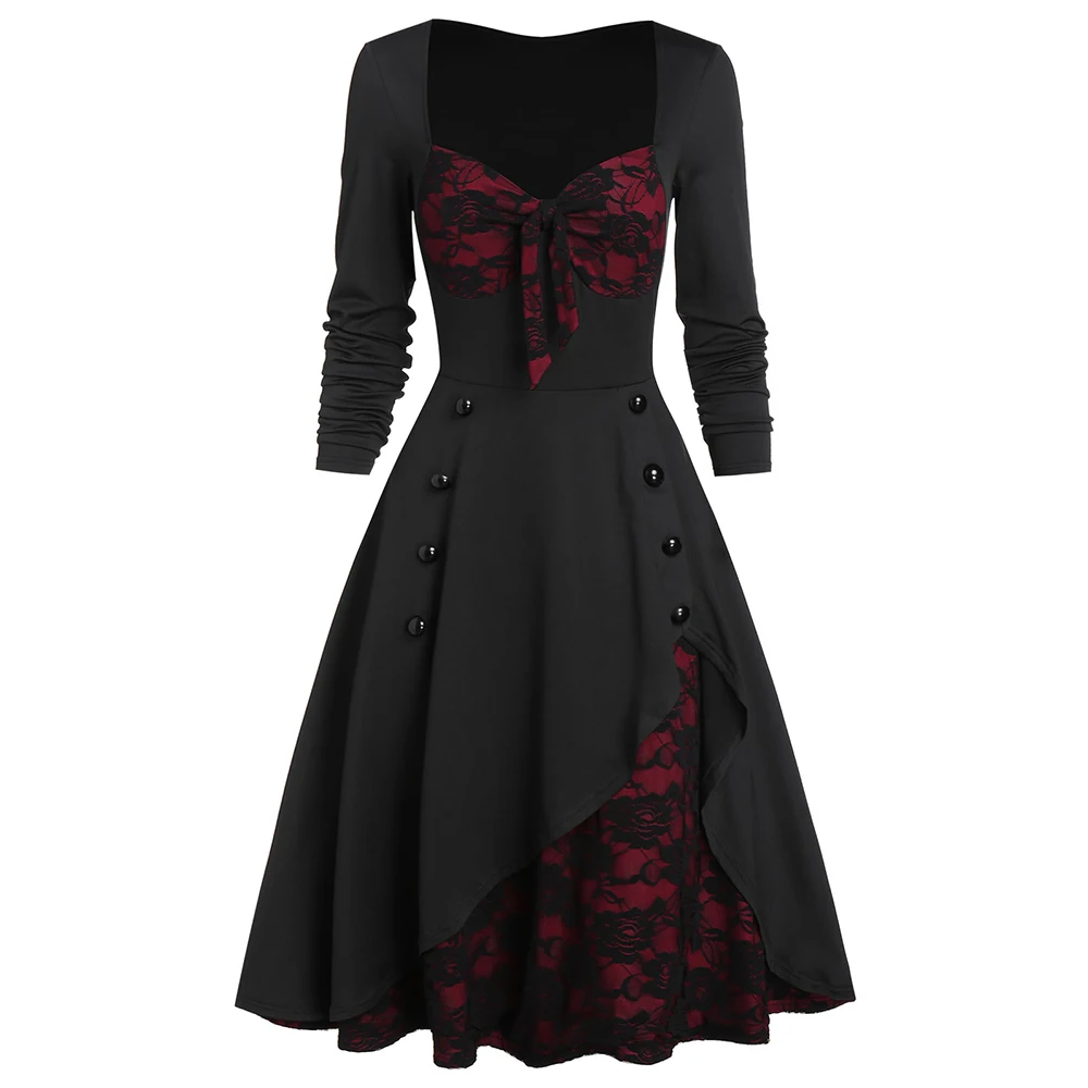 Wipalo Elegant Dress Women Party 2020 New Flower Lace Insert Mock Button Bowknot Vintage Spring Vestidos | Женская одежда
