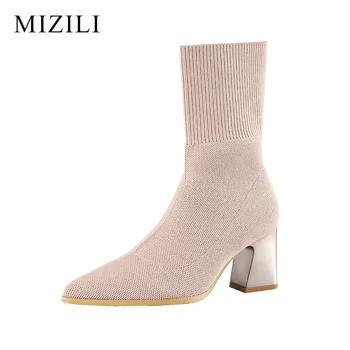 

2020 Spring Women Super High Heels Fetish Knitting Sock Boots Stretch Boots Scarpins Winter Gray Pink Courful Thick heels Shoes