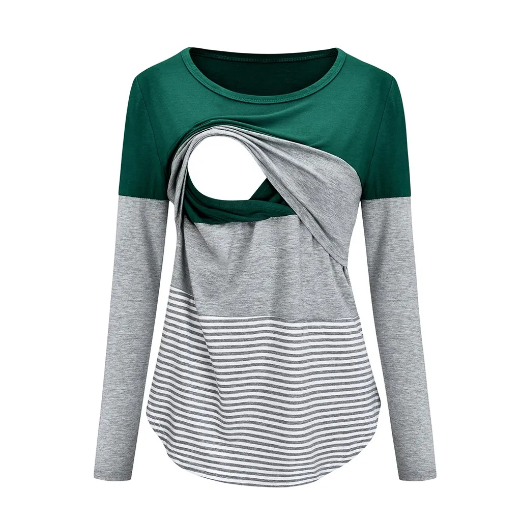 Футболка для беременных, для женщин, для беременных, с длинным рукавом, в полоску, для кормящих, топы, футболка для грудного вскармливания, одежда, vetement allaitement - Color: Green