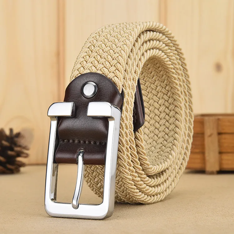 Пряжка холст мужской s Повседневный ремень армейский зеленый абрикосовый черный темно-синий коричневый эластичный плетеный пояс мужской кожаный плетеный ремень G141 - Цвет: Абрикосовый