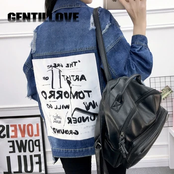 

Women Basic Jeans Coat 2019 New Autumn Frayed Ripped Hole Jean Jacket Bombers Vintage Fabric Patchwork Streetwear Denim Jackets