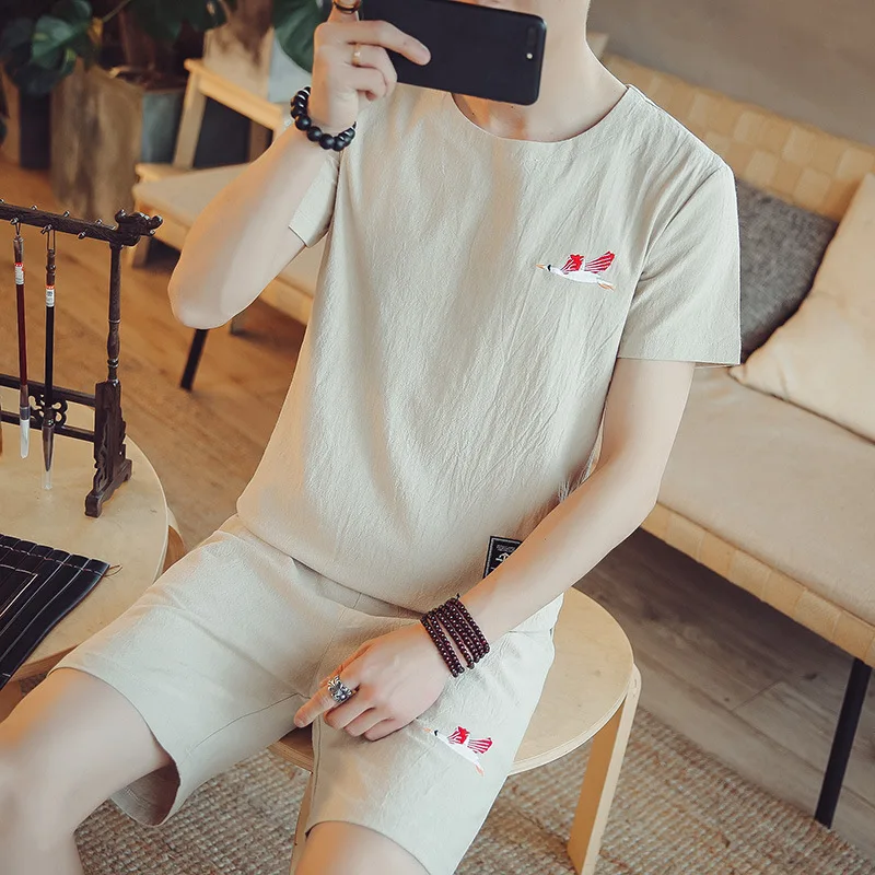 

Ker New Style Cotton Linen Set Geese Embroidered Short Sleeve T-shirt Flax Casual Shorts MEN'S Suit