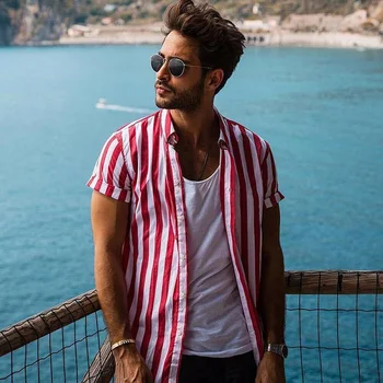 

arrival Men Slim Fit Casual Short Sleeve Shirts Linen Loose Dress Soft Tops Button Down Shirt Male Striped V Neck Blouse Clothes