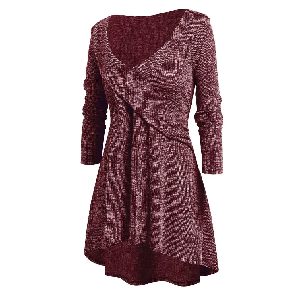 Womail, женская рубашка, Осень-зима, драпированная, длинный рукав, ассиметричный v-образный вырез, свободная, сексуальная, camiseta, пуловер, топы, Blusas Feminina размера плюс - Цвет: RD