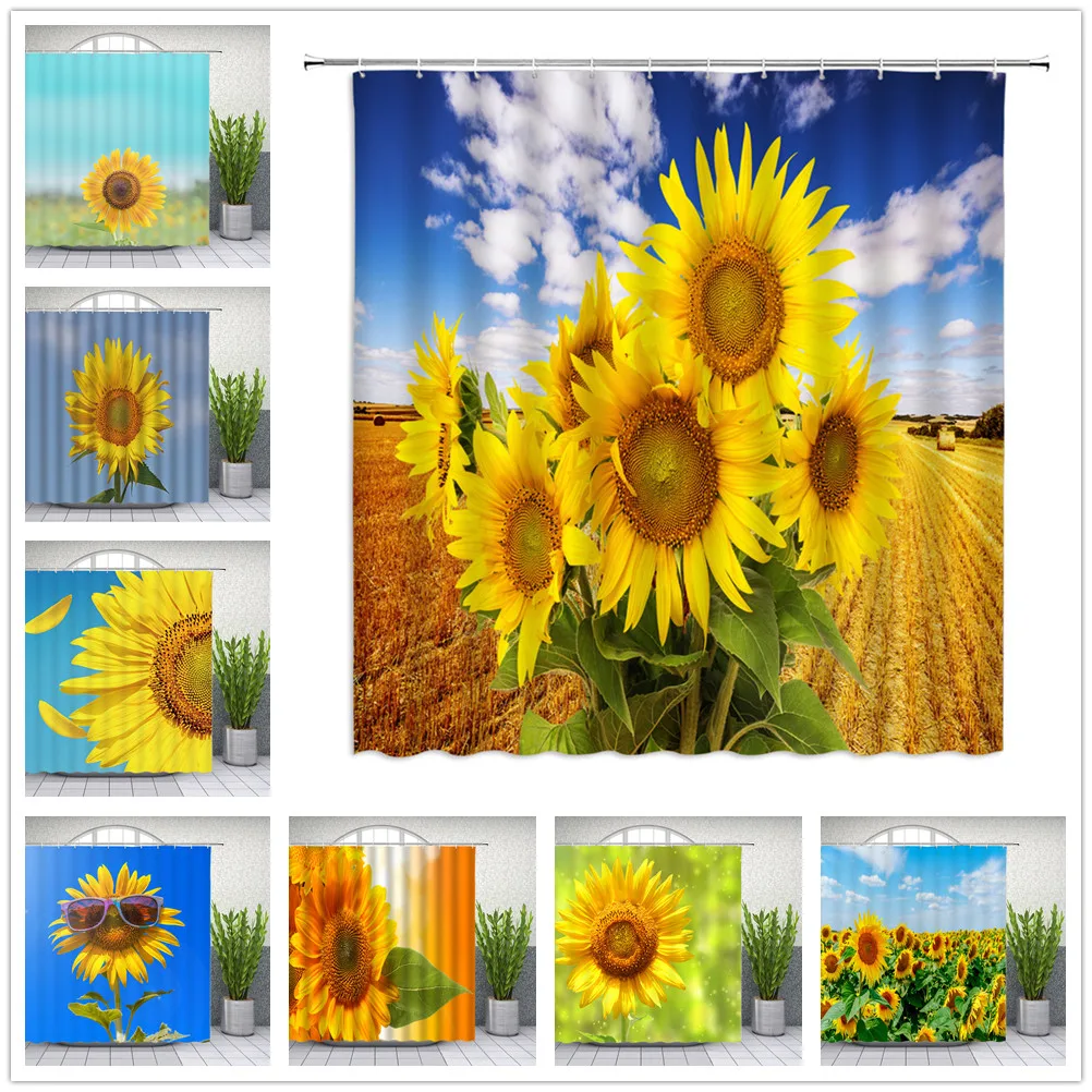 

Flowers Shower Curtains Summer Sunflower Green Leaf Plant Scenery Bathroom Decor Home Bathtub Waterproof Polyester Curtain Set