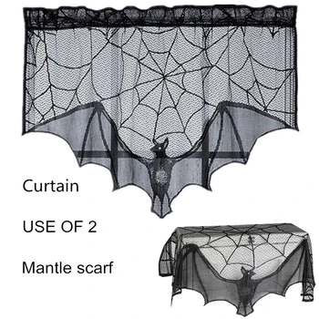 

Fireplace Curtain Tablecloth lampshade Halloween Decoration Lace Black Cobweb Bats Stove Towel for Party JS22