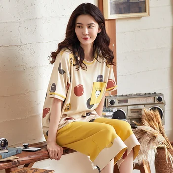 

Summer Ladies Pure Cotton Pyjama Loose Korean Kawaii Cartoon Sleepwear Set Students Pocket Home Suit Short Sleeve Capris S921