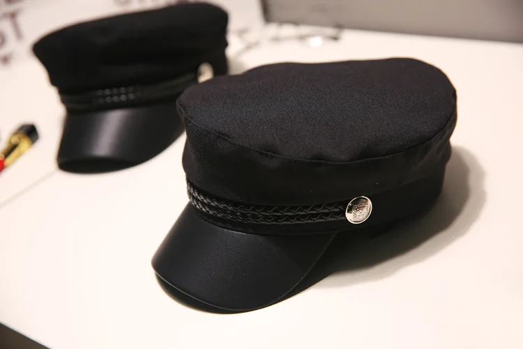 Крутая шапка унисекс из искусственной кожи в стиле милитари, Осенние шляпы матроса для женщин и мужчин, Черная Женская кепка для путешествий, Кепка Капитана армии с плоским верхом